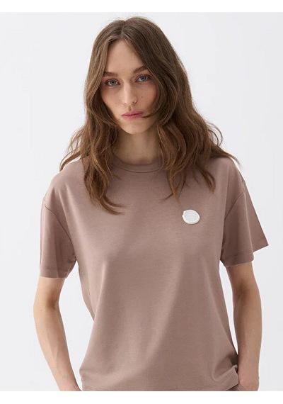Nocturne Minimalist Oversize Kadın T-shirt - Kısa Kol - Günlük Bej