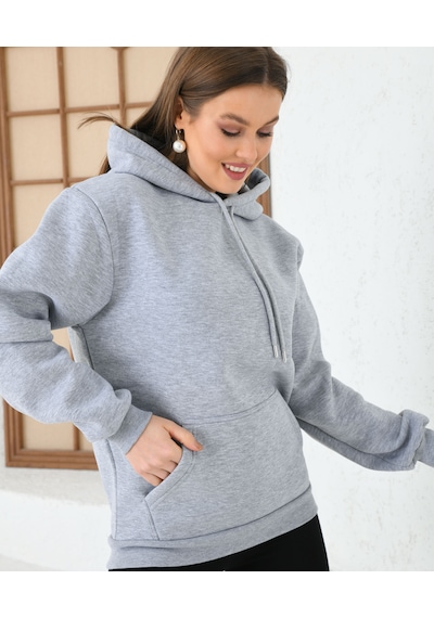 Unisex Basic Regular Fit Kapuşonlu Içi Yumuşacık Tüylü Kanguru Cep Detaylı Sweatshirt Gri