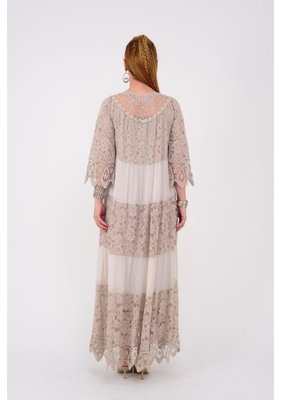 Eren Style İtalyan Sunshine İpek Detaylı Dantelli Elbise-9033 KREm Krem
