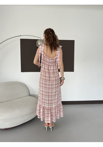 Verymoda Kadın Ekose Desenli Askı Bağlama Detaylı Maxi Elbise Pembe