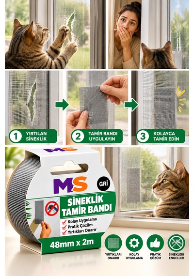 Yapışkanlı Gri Sineklik Tamir Bandı 48 Mm X 2 Metre Yaması Tülü Bantı Delik Onarımı Tül Yapıştırma 48 x 48
