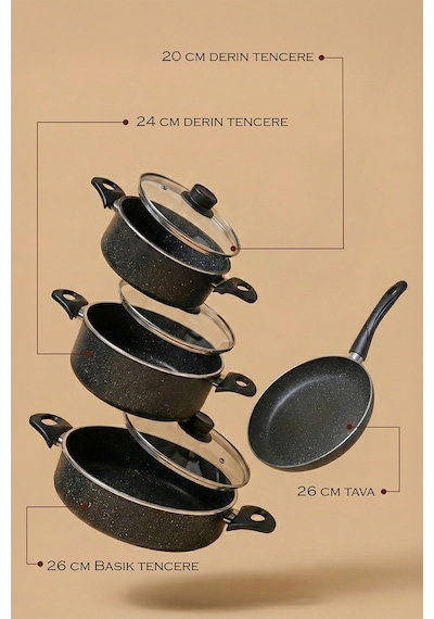 Mastergranito Grey 7 Parça Tencere Ve Tava Seti Gri