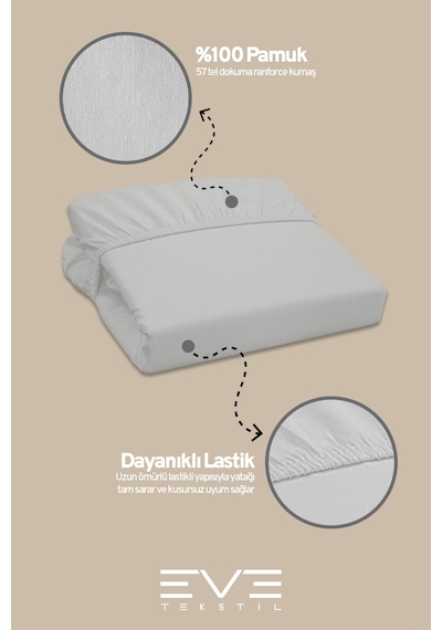 Eve Tekstil Pamuklu Çift Kişilik Rainforce Kumaş Lastikli Çarşaf Ve Yastık Kılıfı Set Açık Gri
