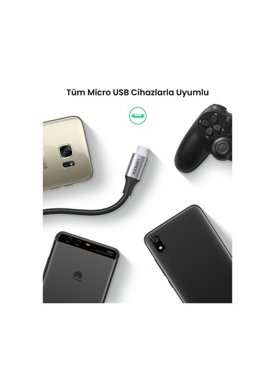 Ugreen Usb 2.0 A To Micro Usb Örgülü Hızlı Şarj Kablosu, 1m, Siyah, 60146