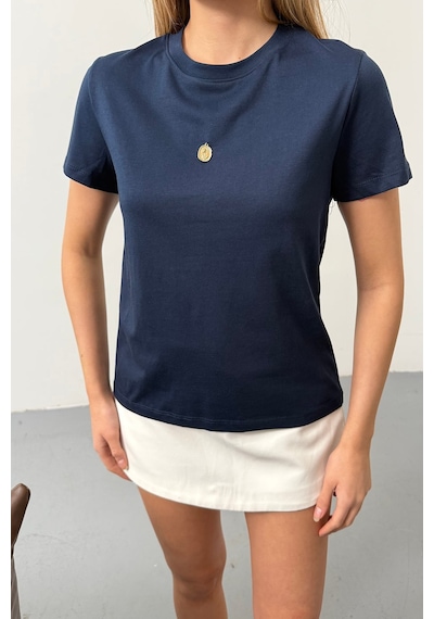 Giysa Kadın Lale Aksesuarlı Pamuklu T-shirt Lacivert - 26y 26516