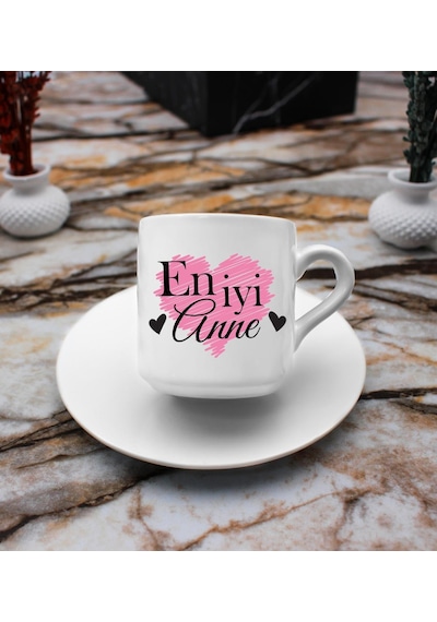 En İyi Anne Kalp Baskılı 2'li Türk Kahve Fincanı & Metal Mum Hediye Seti Anneye Hediye T3