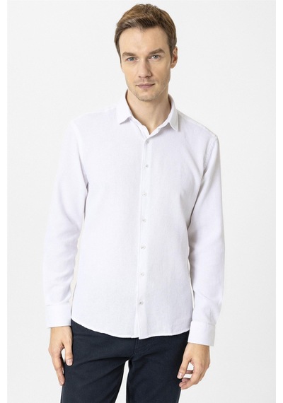 Süvari Ekru Slim Fit Desenli Klasik Yaka Gömlek