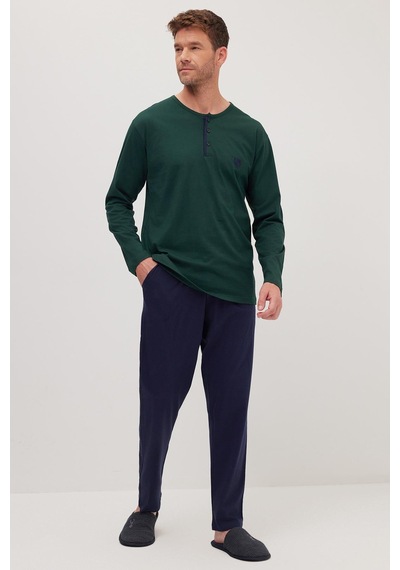 Tudors Erkek Standart Fit Normal Kesim %100 Pamuk Bisiklet Yaka Beli Lastikli Lacivert Pijama Takımı-37945 Lacivert