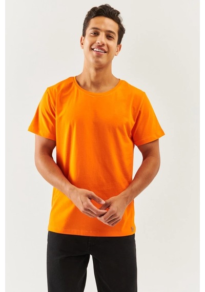 Erkek Oversize Rahat %100 Pamuklu Penye Bisiklet Yaka Kısa Kol Basic T-shirt Turuncu
