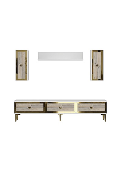 Tvr1816btg Pega Tv Ünitesi Takımı Beyaz-traverten-gold 180cm Beyaz - Traverten - Altın
