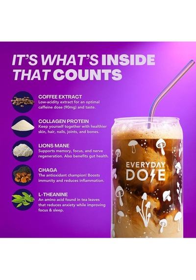 Everyday Dose 90 Mg Caffeıne,5000 Mg Collagen,l-theanine,chaga,lion's Mane Premium Coffee 30 Serving