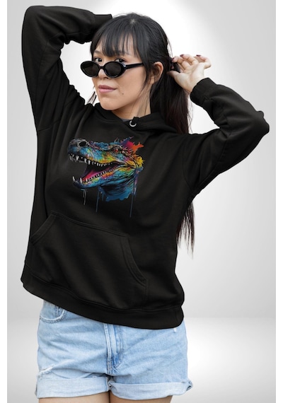 Timsah Renkli Kafası Kadın Erkek Siyah Kapüşonlu Sweatshirt Hoodie Siyah