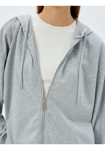 Koton Uzun Kollu Üç İplik Pamuklu Fermuarlı Kapşonlu Sweatshirt Gri 5wak10225ek Gri