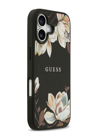 Apple Uyumlu iPhone 17 Kılıf Guess Lisanslı M-safeli Taneli Çiçek Tasarımlı Metal Yazı Logolu Kapak Siyah Siyah