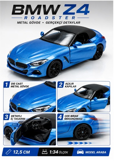Oyuncak Bmw Z4 Diecast Açılır Kapılı Çek Bırak Metal Roadster Cabrio Model Spor Araba 1:34 Ölçek 12,5 Cm Mavi