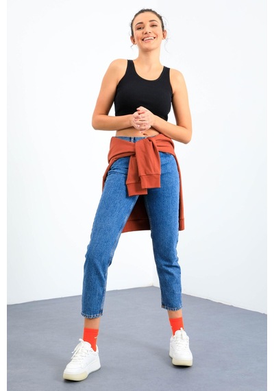 Tommy Life Lacivert Basic Sıfır Kol Dar Kalıp U Yaka Kadın Crop Top Atlet - 97160 Lacivert