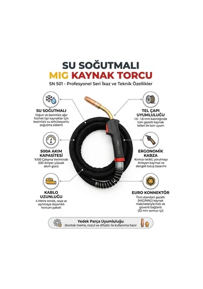 Sn 501 Su Soğutmalı Mıg Kaynak Torcu 500a 4 Metre - Euro Tipi Gazaltı Tabancası
