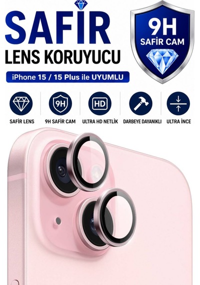Apple iPhone Uyumlu  15 / 15 Plus Pembe Metal Kamera Lens Koruyucu Safir Cam Ultra Net Hd