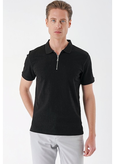 Efor Slim Fit Fermuarlı Polo Yaka %100 Pamuk Siyah Tişört Ts 877 Siyah