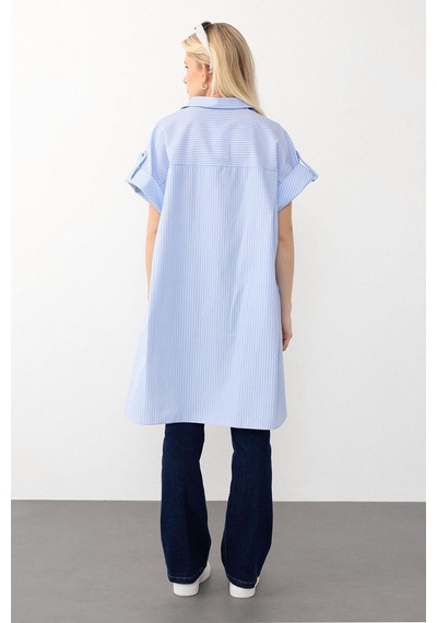 Olcay Yandan Yırtmaçlı Çizgili Poplin Tunik Açık Mavi 9283