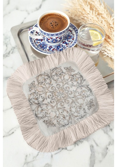 Barok Zarafet Saçaklı Gösterişli Sunum Servis Altlığı Mendil - Vintage Bohem Gri Sunumluk Peçete Çok Renkli
