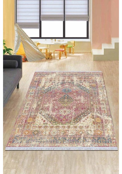 Pembe Klasik Göbekli Dokuma Pamuk Taban Kaymaz Kilim Klm108n11