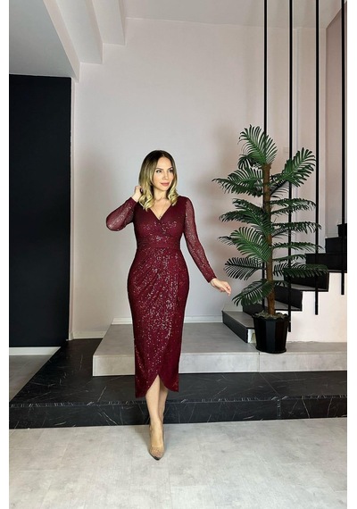 Ges Moda G0768 Kruvaze Yaka Payet Tasarım Elbise Bordo-bordo