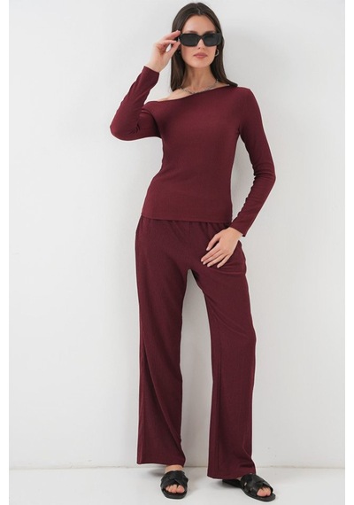 6708 Düşük Omuz Alt Üst Takım - Bordo Bordo