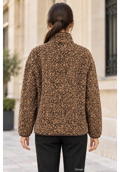 Polo State Kadın Leopar Desenli Dik Yaka Fermuarlı Peluş Ceket - Kahve Kahverengi