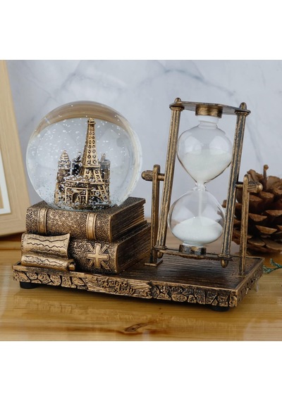 İsme Özel Müzikli Kar Küresi Ve Kum Saati Dekoratif Biblo Eiffel Kulesi Tasarımlı, 16x13x8 Cm