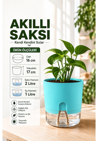 Akıllı Saksı Kendinden Sulamalı Fitilli Modern Dekoratif Saksı 2 Litre 08147596