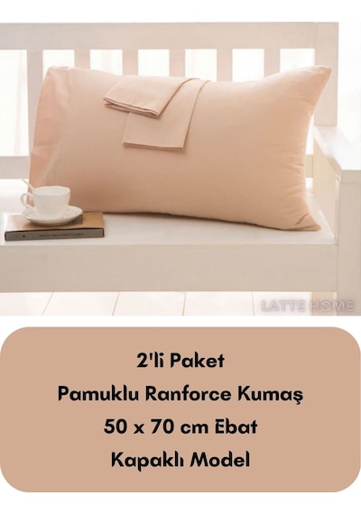 Bej Renkli Ranforce Pamuklu Kumaş Kapaklı Yastık Kılıfı 2'li Pake