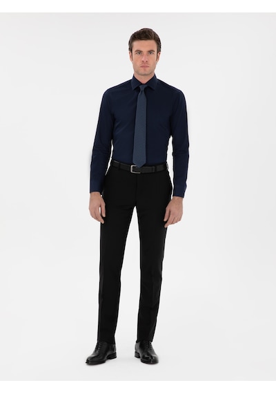 Cacharel Lacivert Slim Fit Pamuklu Yarım İtalyan Yaka Basic Gömlek