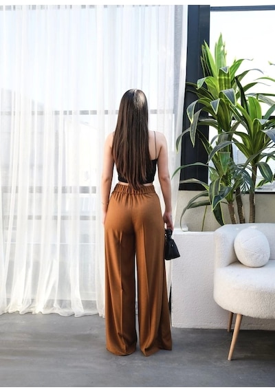 Defymoda Keten Önü Çapraz Parçali Lasti Kli Ve Bağcikli Geni Ş Paça Pantolon Taba
