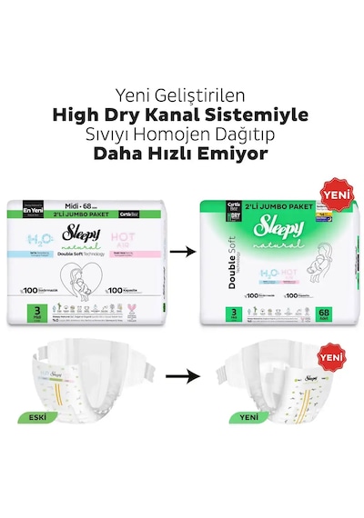Sleepy Natural Double Soft Avantajlı Mega Paket Bebek Bezi 3 Numara Midi 136 Adet
