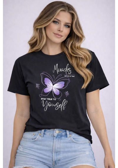 Herkesemoda Stay True Yourself Baskı Detaylı Basic T-shirt Siyah