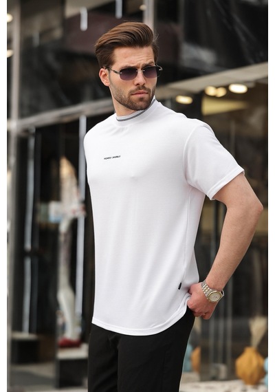 Madmext Beyaz Nakış Detaylı Basic Erkek T-shirt E7106 Beyaz