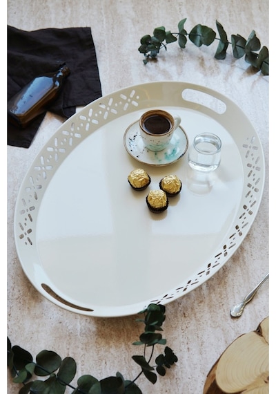 Oval Metal Servis Ve Sunum Tepsisi, Büyük Tepsi, Çay Kahve Tepsisi Krem