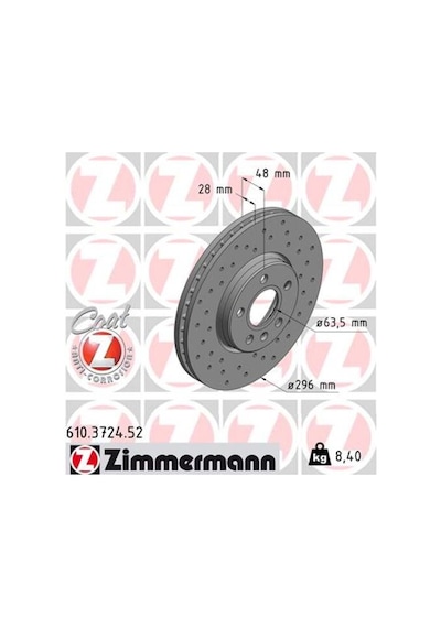 Zimmermann 610.3724.52 Arka Fren Disk Volvo S60 2019 S90 2016 2019 V60 2018 V90 2016 Cap296x5 Delikli Adet 31423722