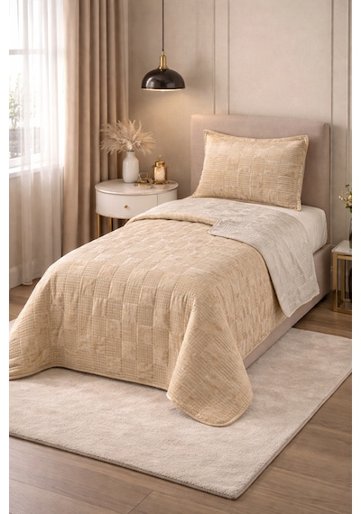 Goldroom Home Ranya Kadife Nakışlı Tek Kişilik Yatak Örtüsü Gold