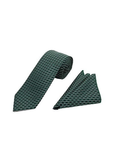 Brianze 7 CM Yeşil Siyah Beyaz Desenli Kravat Mendil Set Yeşil