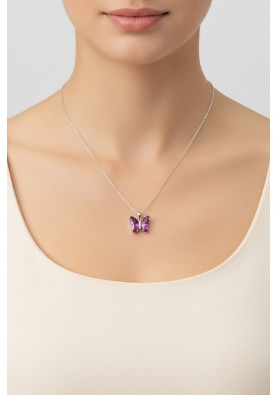 Accessories Mor Kelebek Paslanmaz Çelik Kadın Kolye 40+5 Cm Uzatmalı Şık Kolye