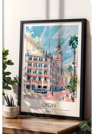 Fransa Lyon Temalı Çerçeveli Tablo Travel Serisi Modern İllüstrasyon Şehir Duvar Dekoru Siyah