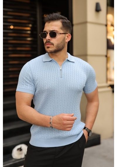 Veraura Lifestyle Erkek Örgü Desen Fermuar Yakalı Triko Tişört Bebe Mavisi
