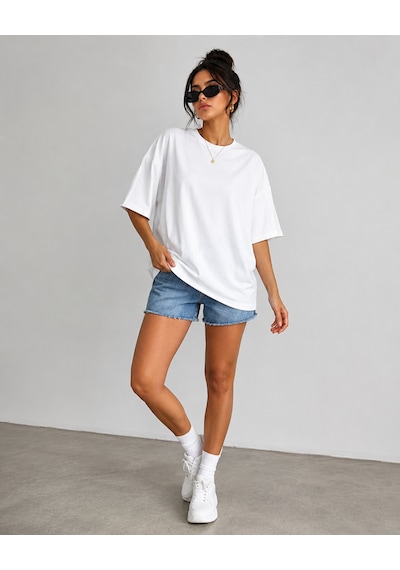 Polymood Kadın Oversize %100 Organik Pamuk Yakası Ribanalı T-shirt Beyaz Polymood Kadın Oversize %100 Organik Pamuk Yakası Ribanalı T-shirt Beyaz