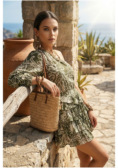 Fashion Cocktail Safari Tek Omuz Etnik Dokulu Hareketli Katlı Tatil Yaz Şifon Desenli Chic Bohem Mini Elbise Haki Fashion Cocktail Safari Tek Omuz Etnik Dokulu Hareketli Katlı Tatil Yaz Şifon Desenli Chic Bohem Mini Elbise Haki