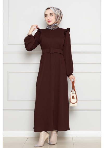 Sevitli Omuzu Fırfır Kemerli Elbise-kahverengi-4559 Kahverengi