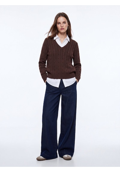 LTB Slim Fit V Yaka Triko Kahverengi Kazak