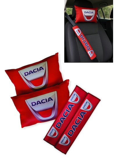 Dacia Logolu Araç Seyahat Boyun Yastığı & Emniyet Kemer Pedi - Dijital Baskılı İkili Konfor Seti Kırmızı