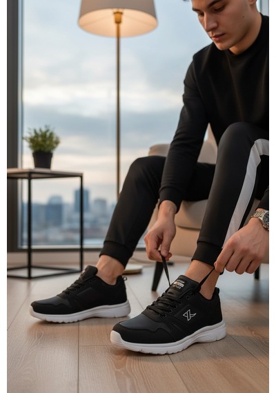 Enoch Unisex Yüksek Tabanlı Bağcıklı Yürüyüş Ve Koşu Spor Ayakkabı Günlük Sneaker Siyah - Beyaz
